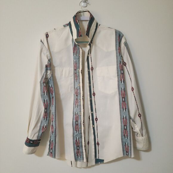 Vtg Wrangler Mens Long Sleeve Pearl Snap Western Shirt Cotton Ivory Navajo Sz XL - Picture 6 of 10